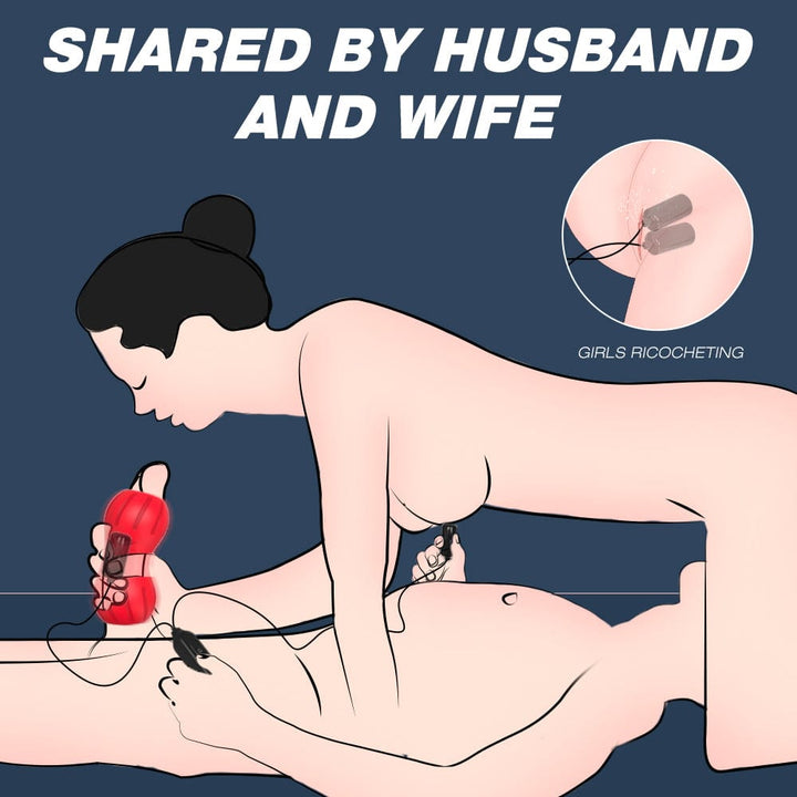 Vibrating masturbator on a penis with a woman holding it.