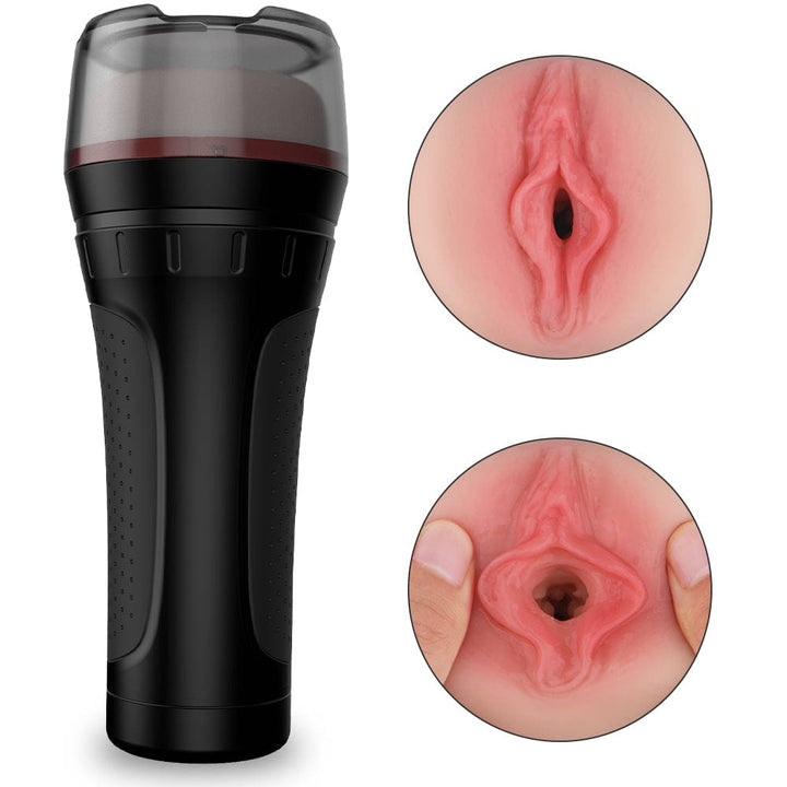 Front view of vaginal masturbator in hard plastic outer case.