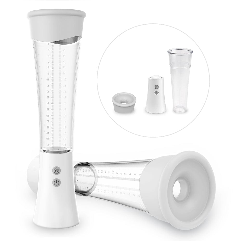 Vibrating penis pump with clear cylinder and measurements on cylinder.