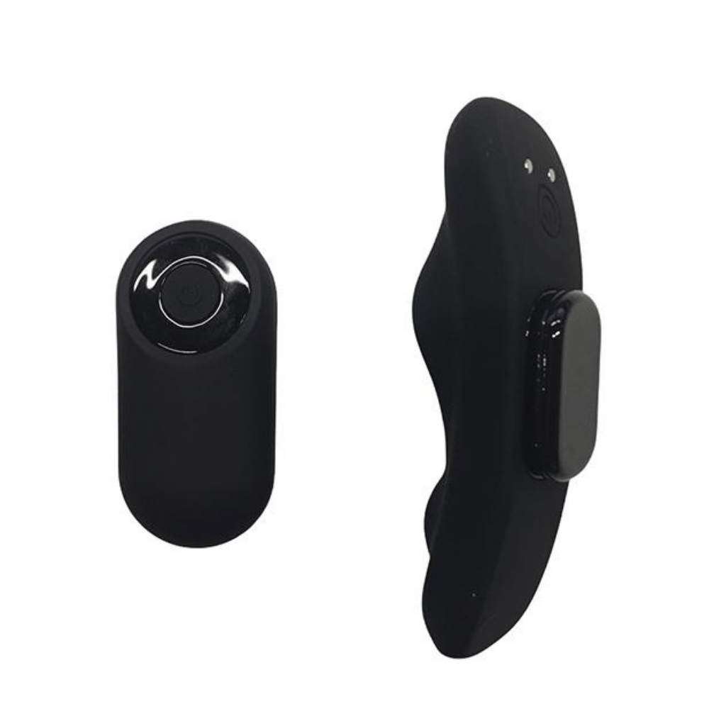 Image of the Temptasia panty vibrator, with the magnetic attachment shown on the back of the top and with the remote next to it.