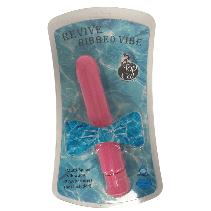 Image of the product packaging. Packaging reads: Revive ribbed vibe. Multi-speed vibrations. 2 AA batteries (Not included)