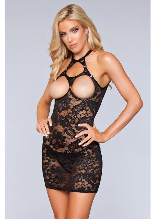Black sheer lace halter dress with open cups.