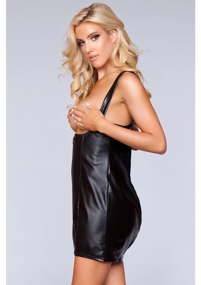 1 Piece. Cupless wet look slip dress facing left