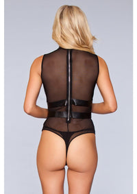 1 Piece. Attached faux-leather harness with pin buckle fastenings, high neckline with ring, zip-back fastening, and thong cut.  facing back
