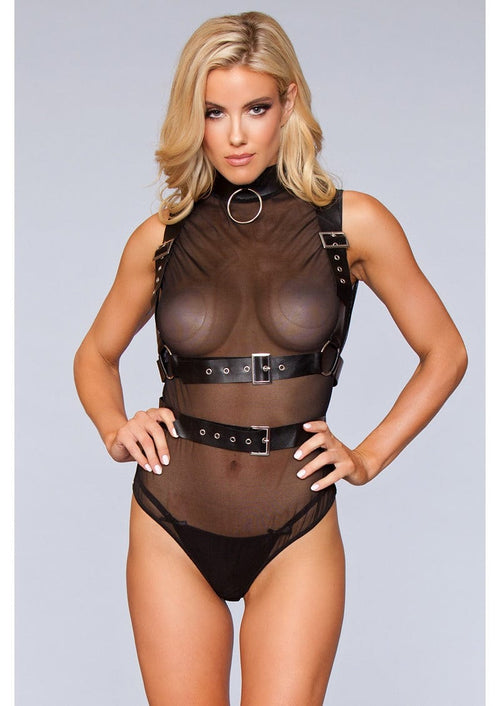 1 Piece. Attached faux-leather harness with pin buckle fastenings, high neckline with ring, zip-back fastening, and thong cut. facing forward