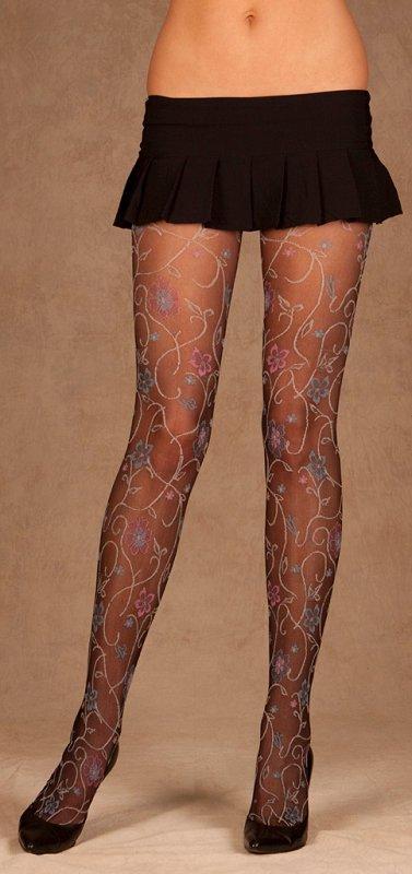 Black Floral Pattern Pantyhose - One Size Available - Lingerie