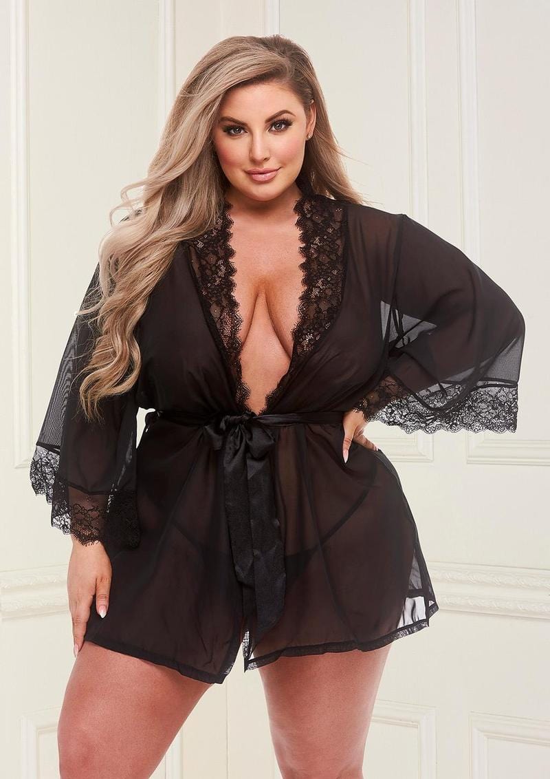 Image displays a model wearing a sheer chiffon & lace robe in  the black queen size option.