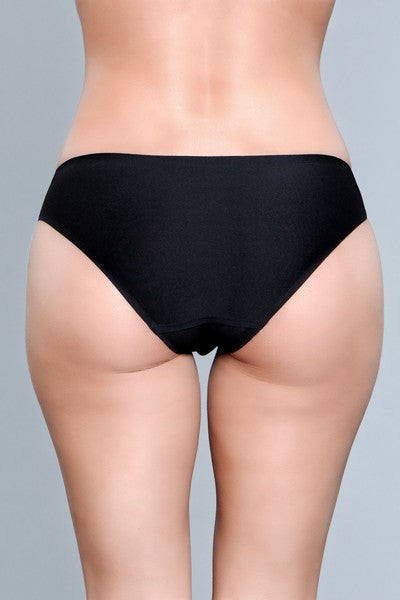 Model facing back wearing black microfiber bikini panty
