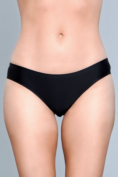 Model facing forward wearing black microfiber bikini panty