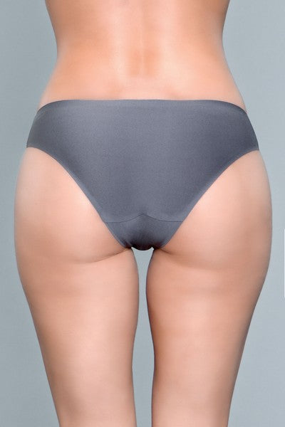 Model facing back wearing grey microfiber bikini panty
