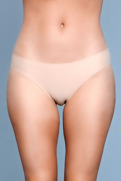 Model facing forward wearing beige microfiber bikini panty