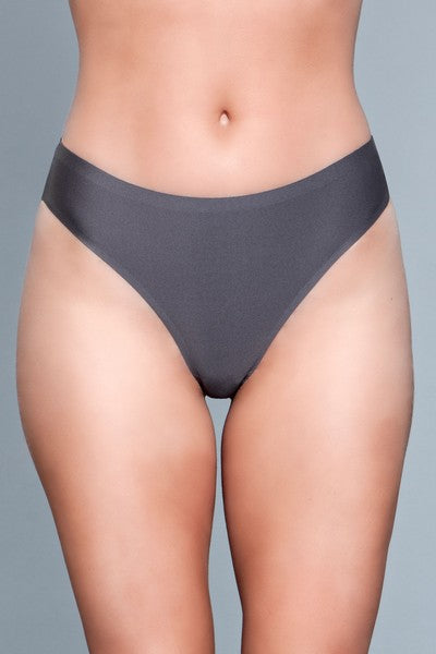 Model facing forward wearing grey microfiber seamless thong