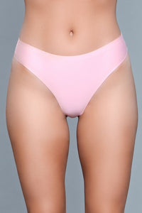 Model facing forward wearing pink microfiber seamless thong