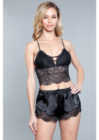 Black satin and lace crop top with shorts.