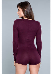 1 Piece. Long-sleeve romper with scoop neckline, button snaps, and cuffs in burgundy facing back