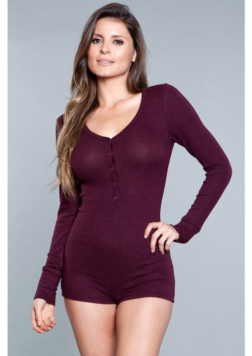 1 Piece. Long-sleeve romper with scoop neckline, button snaps, and cuffs in burgundy facing forward