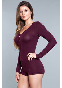 1 Piece. Long-sleeve romper with scoop neckline, button snaps, and cuffs in burgundy facing front right