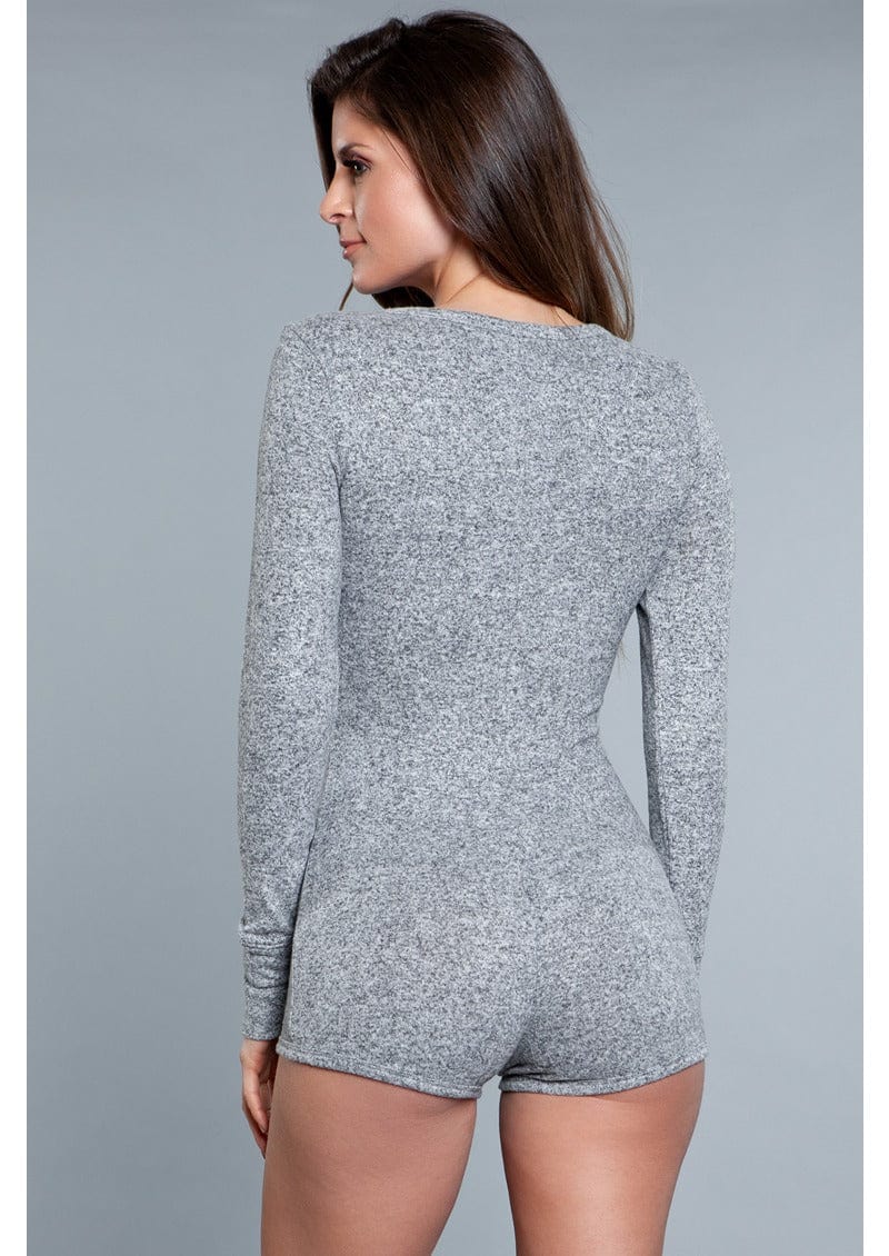 1 Piece. Long-sleeve romper with scoop neckline, button snaps, and cuffs in grey facing back