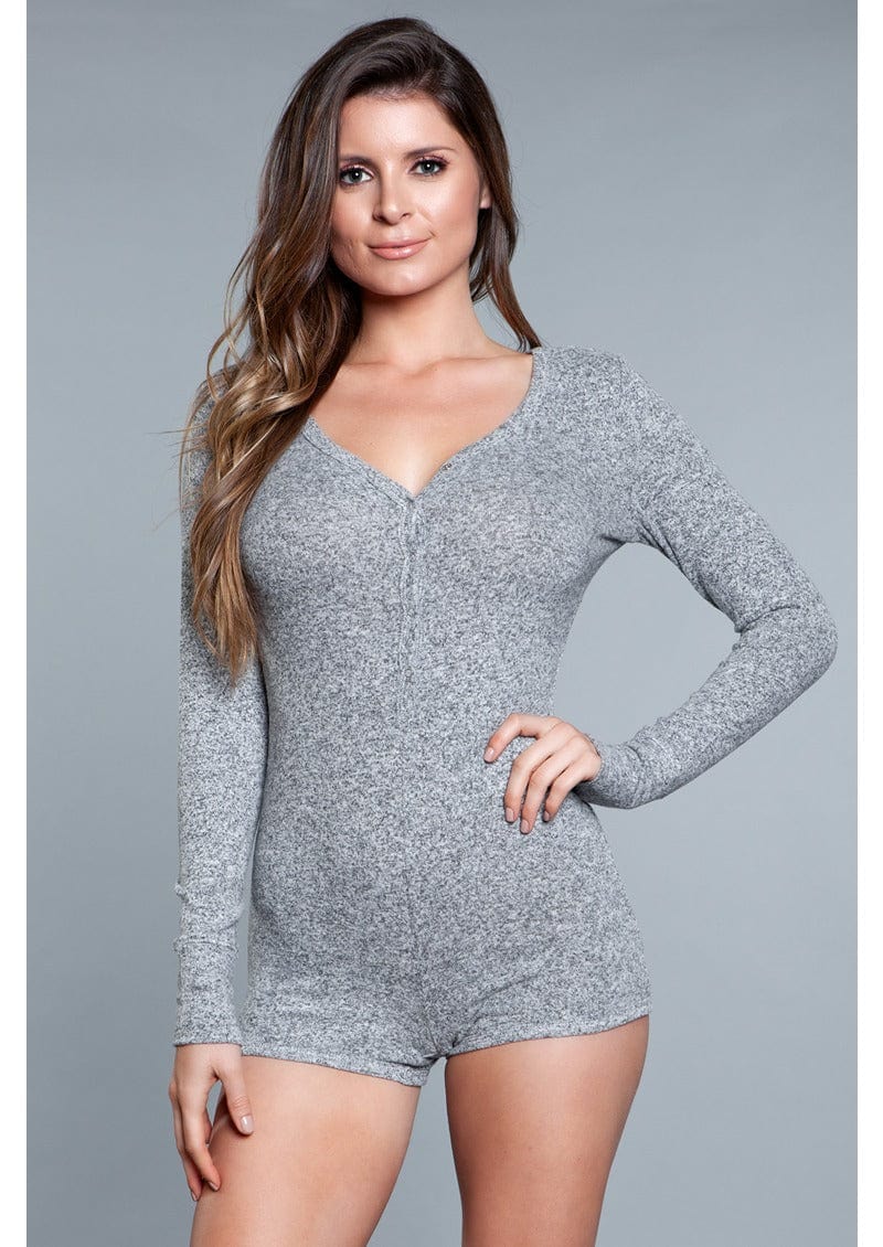 1 Piece. Long-sleeve romper with scoop neckline, button snaps, and cuffs in grey facing forward