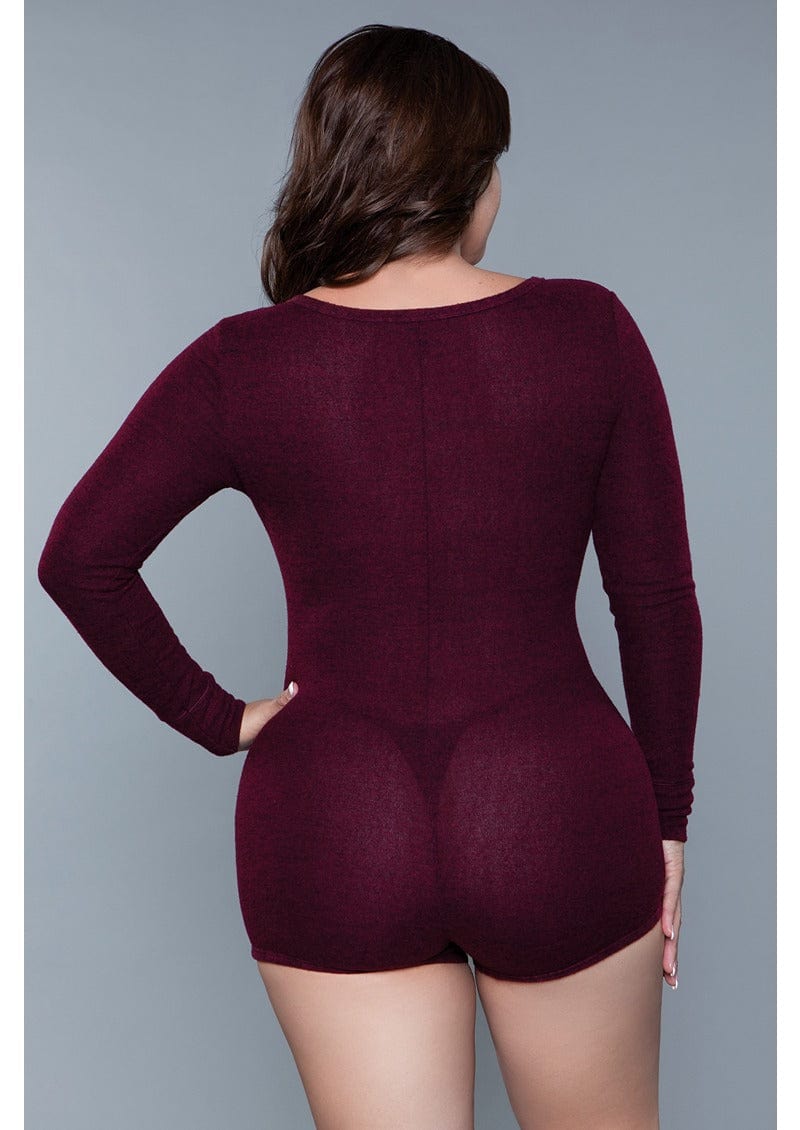 1 Piece. Long-sleeve romper with scoop neckline, button snaps, and cuffs in burgundy facing back