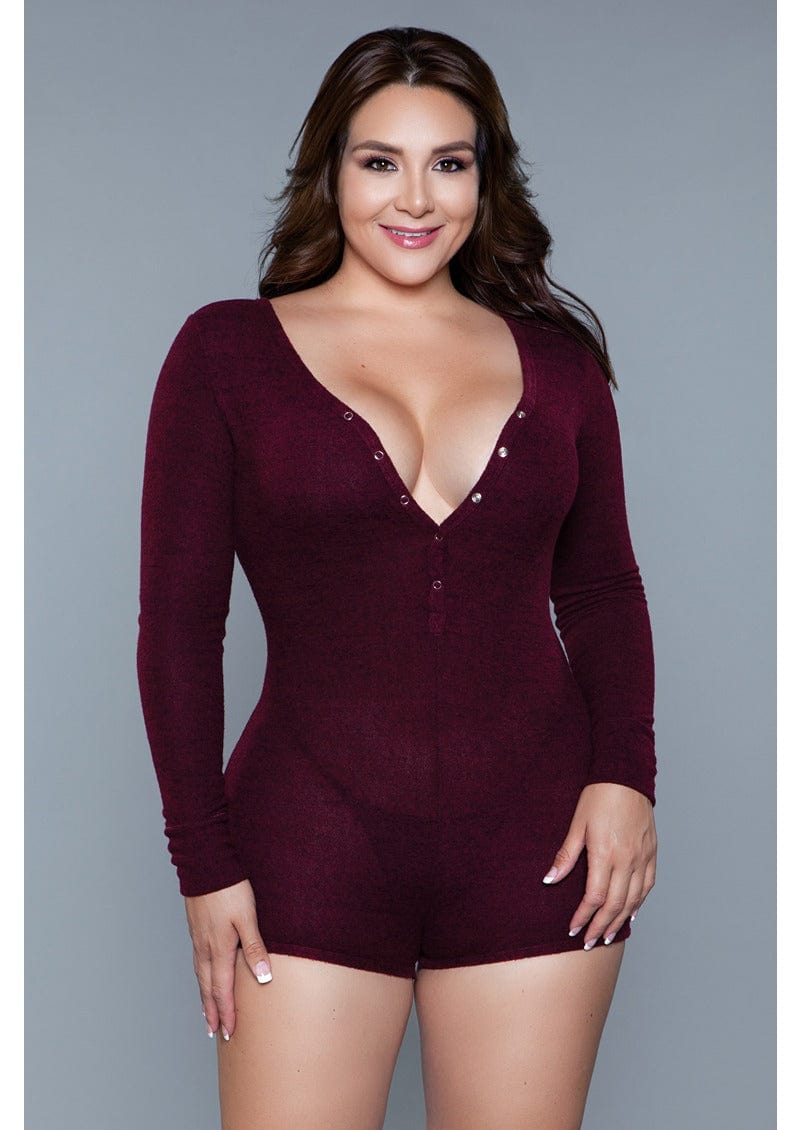 1 Piece. Long-sleeve romper with scoop neckline, button snaps, and cuffs in burgundy facing forward