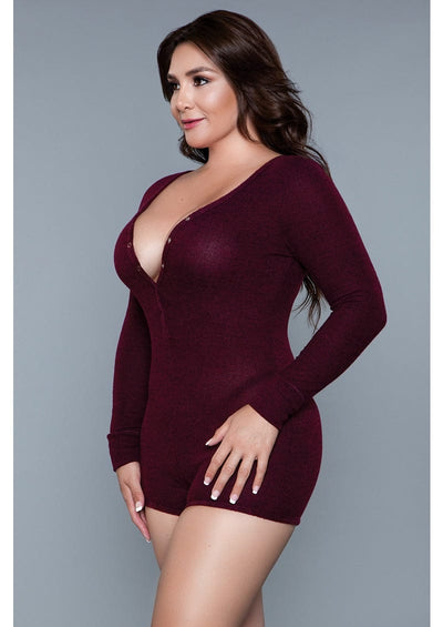 1 Piece. Long-sleeve romper with scoop neckline, button snaps, and cuffs in burgundy facing front left