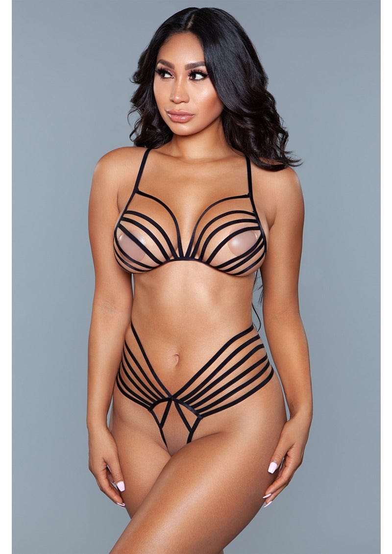 2 piece. Strappy barely-there adjustable bra straps and strappy crotchless panty facing forward