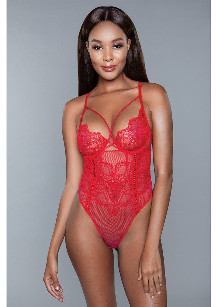 1 Piece. Lace detail bodysuit with a thong cut bottom, semi-open cup front, underwire support, and adjustable straps facing forward