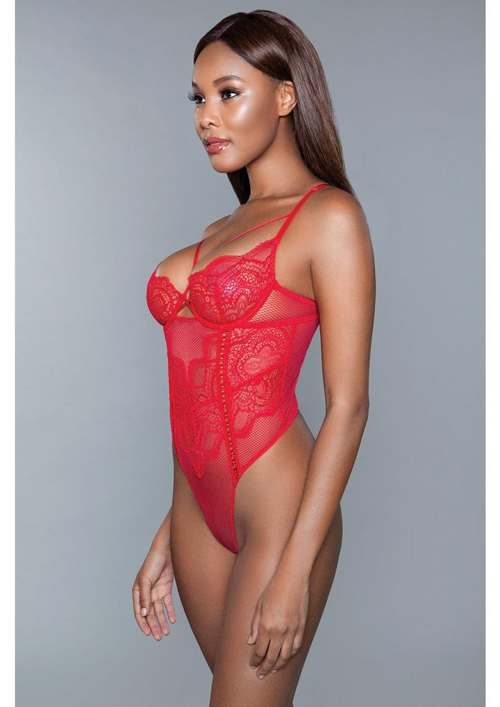 1 Piece. Lace detail bodysuit with a thong cut bottom, semi-open cup front, underwire support, and adjustable straps facing front left