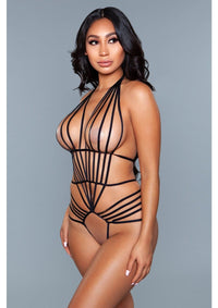 1 piece. Strappy bodysuit with strappy see-through cups, crotchless and bum-less back bottom facing forward