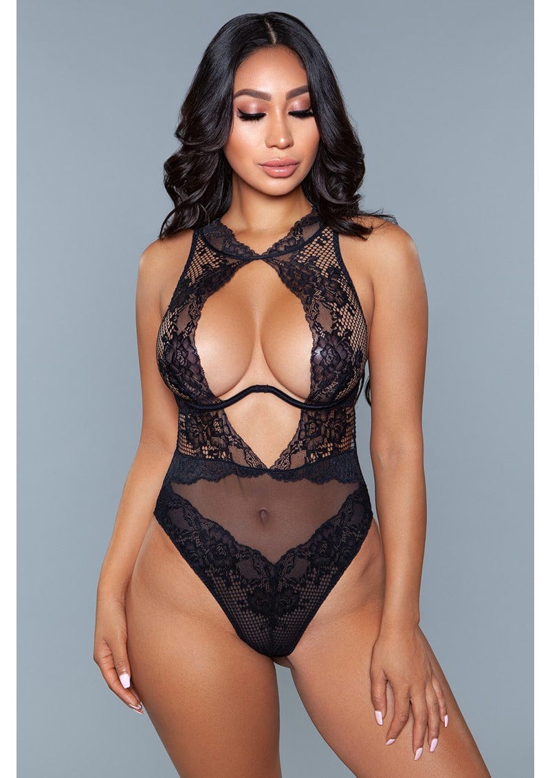 1 piece. Unlined lace and mesh body underwire for support cheeky bum coverage high neck cut-out front and an open back with strappy detail back closure facing forward
