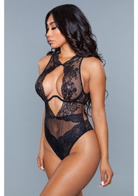 1 piece. Unlined lace and mesh body underwire for support cheeky bum coverage high neck cut-out front and an open back with strappy detail back closure facing front left