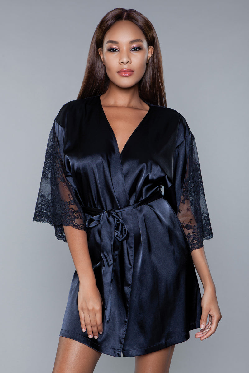 Model facing forward wearing navy Satin and lace robe with Partial lace sleeves, Lace trim detail on back and tie sash