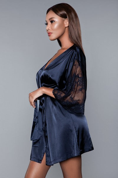 Model facing left wearing navy Satin and lace robe with Partial lace sleeves, Lace trim detail on back and tie sash