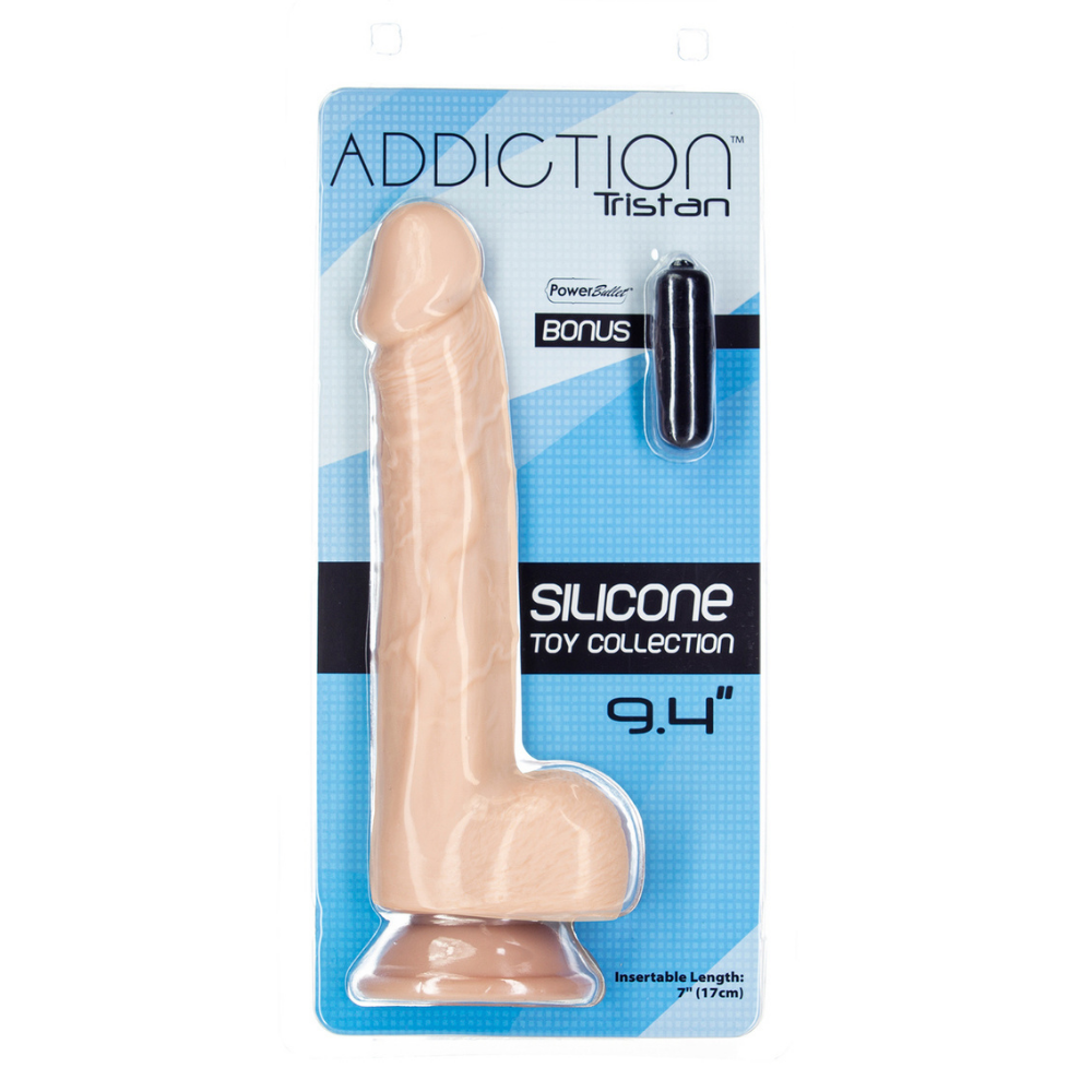 Image of the packaging for the Tristan 9 Inch Silicone Realistic Dildo. Text reads Addiction Tristan, Power Bullet Bonus, Silicone Toy Collection, 9.4 Inches, Insertable Length 7 Inches (17 cm)