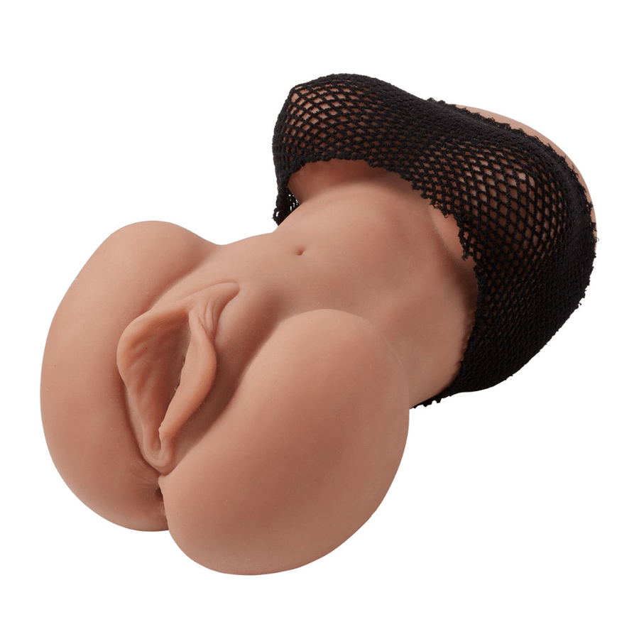 Image of the masturbator at an angle with a close-up of the vaginal opening. Bodystockings are over the breasts.