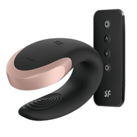 Image of the Satisfyer Double Love Luxury Couples Vibe with wireless remote. This dual vibrator can be worn during intercourse for added stimulation for both partners.