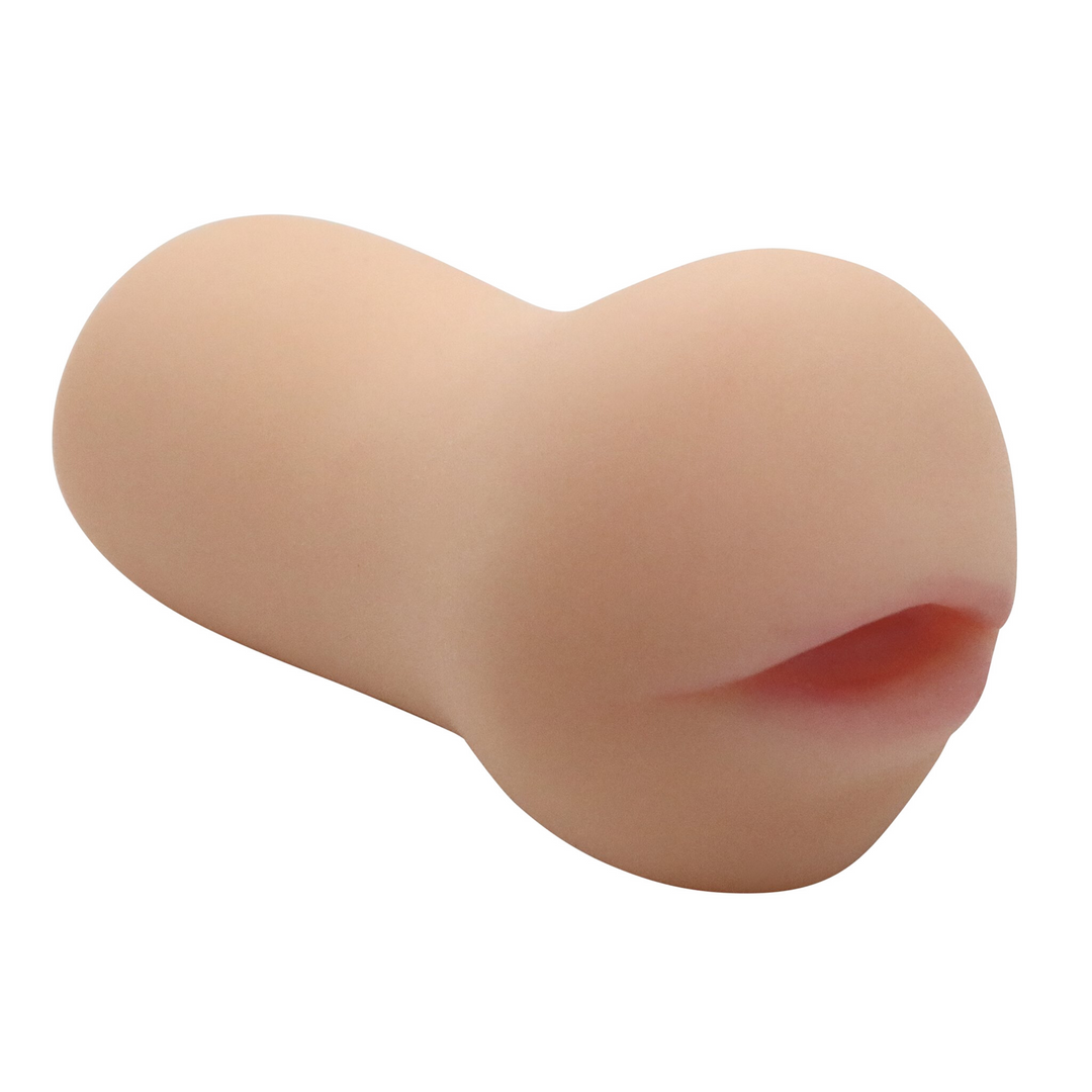 Image of the side of the masturbator. This blowjob masturbator feels just like someone is sucking you off! This toy is super stretchy and soft and is easy to grip! Enhance your next masturbation session today with this mouth masturbator!