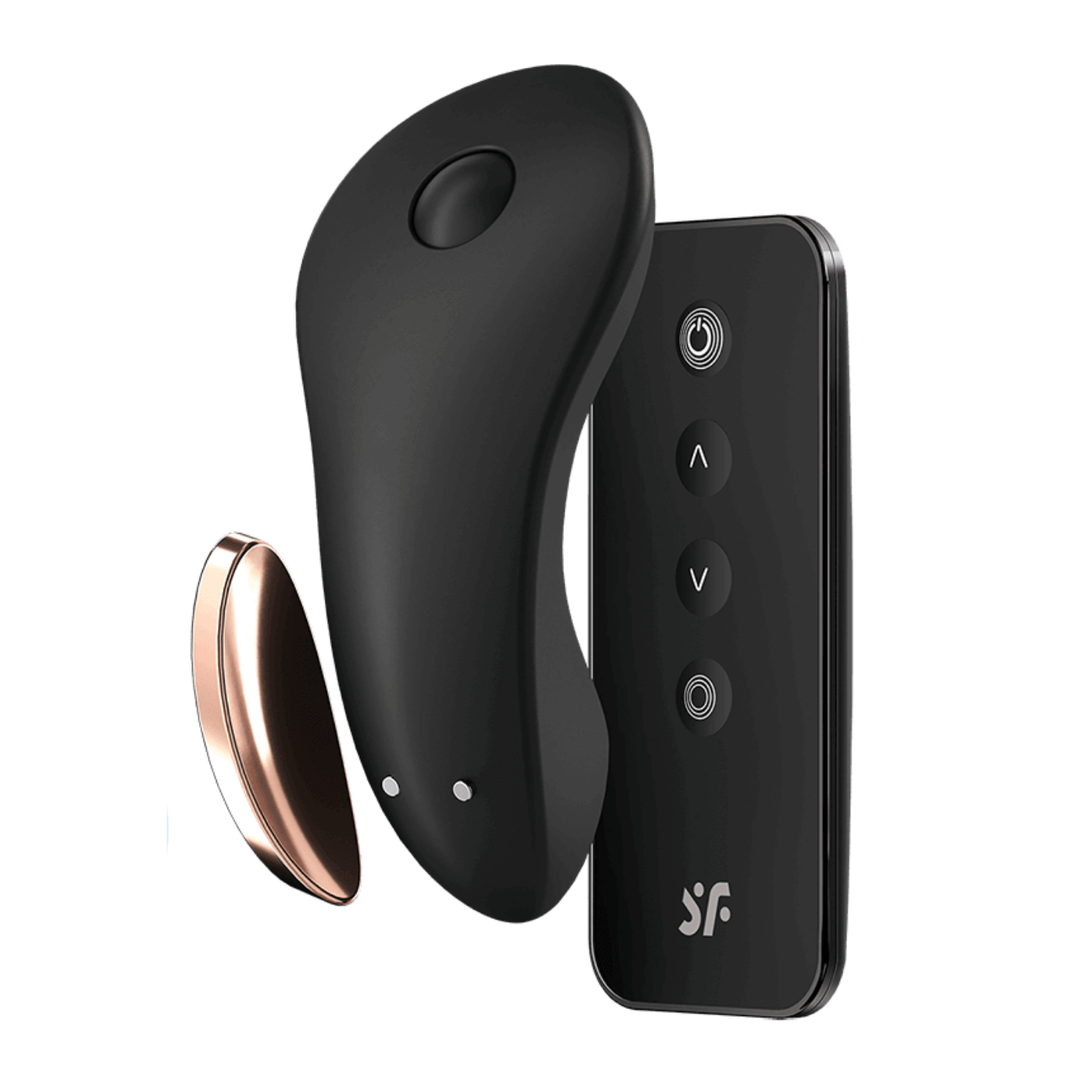 Image of the panty vibrator with remote. The magnetic clip is not attached.