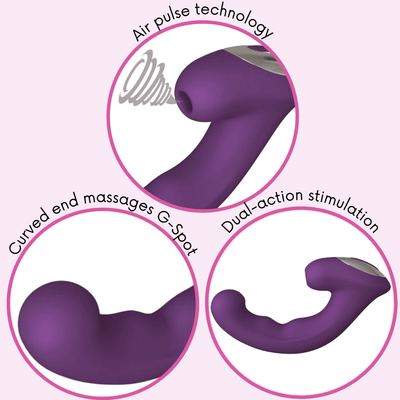 Air pulse technology. Curved end massages G-Spot. Dual-action stimulation!