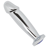Image of penis shape metal dildo with blue decorative gem
