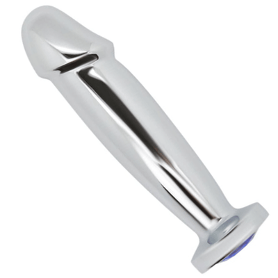 Image of penis shape metal dildo with blue decorative gem