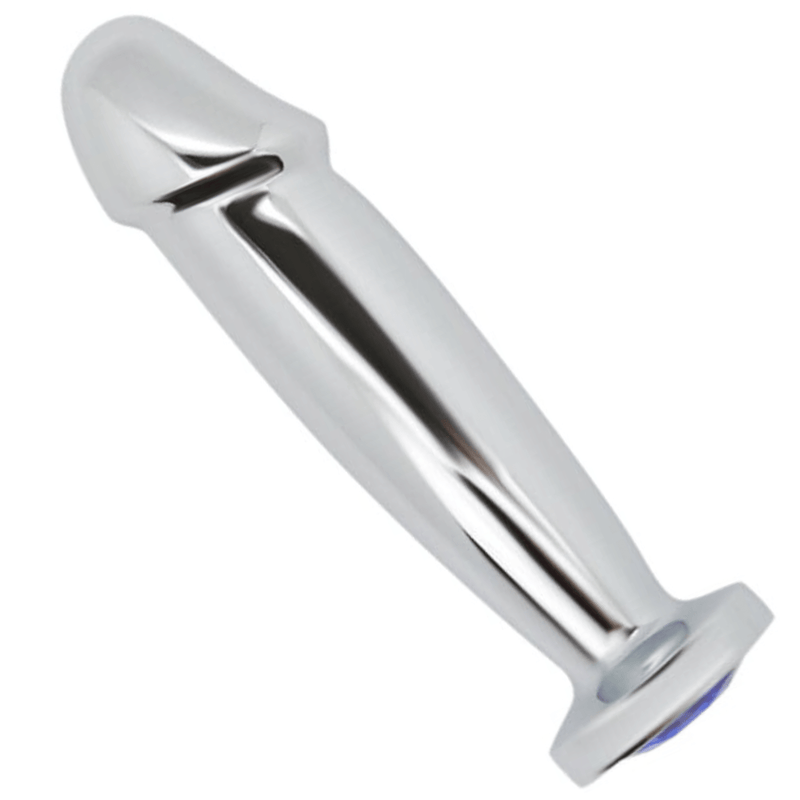 Image of penis shape metal dildo with blue decorative gem