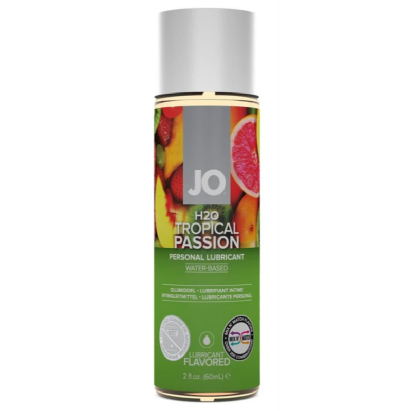 Image of the tropical passion 2 ounce lube! This flavored lube is perfect to use during oral and sex! It is water-based, not sticky, and tastes great!