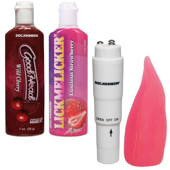 Image of what is includes in the oral delight couples kit. Pictures is the good head jel, lick me licker gel, pocket rocket, and tongue sleeve.