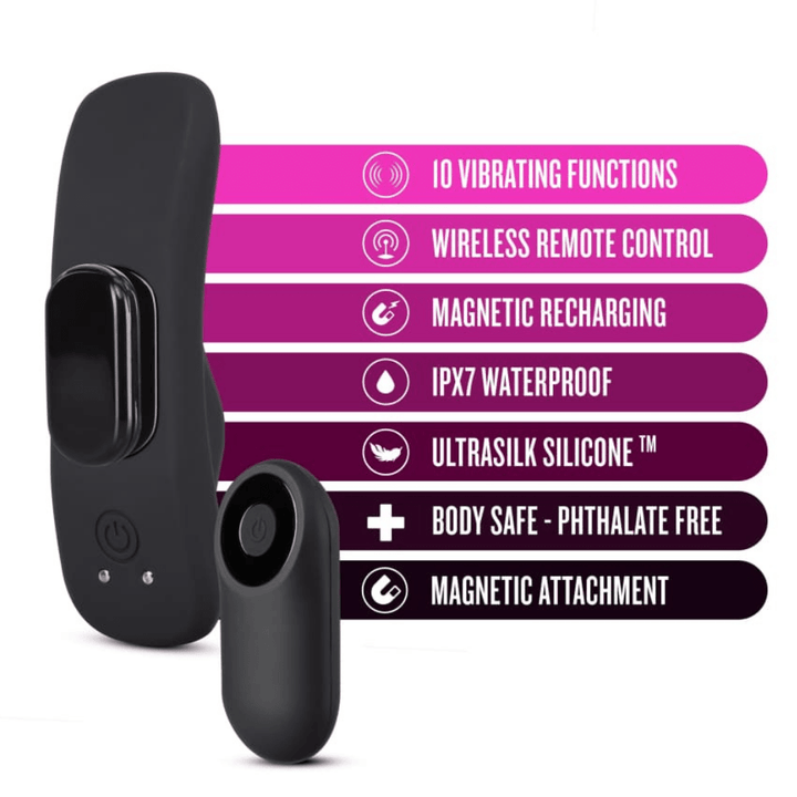 Image highlighting the main product features of the vibrator. Features include: 10 vibrating functions, wireless remote control, magnetic recharging, IPX7 waterproof, ultrasilk silicone, body safe - phthalate free, and magnetic attachment.