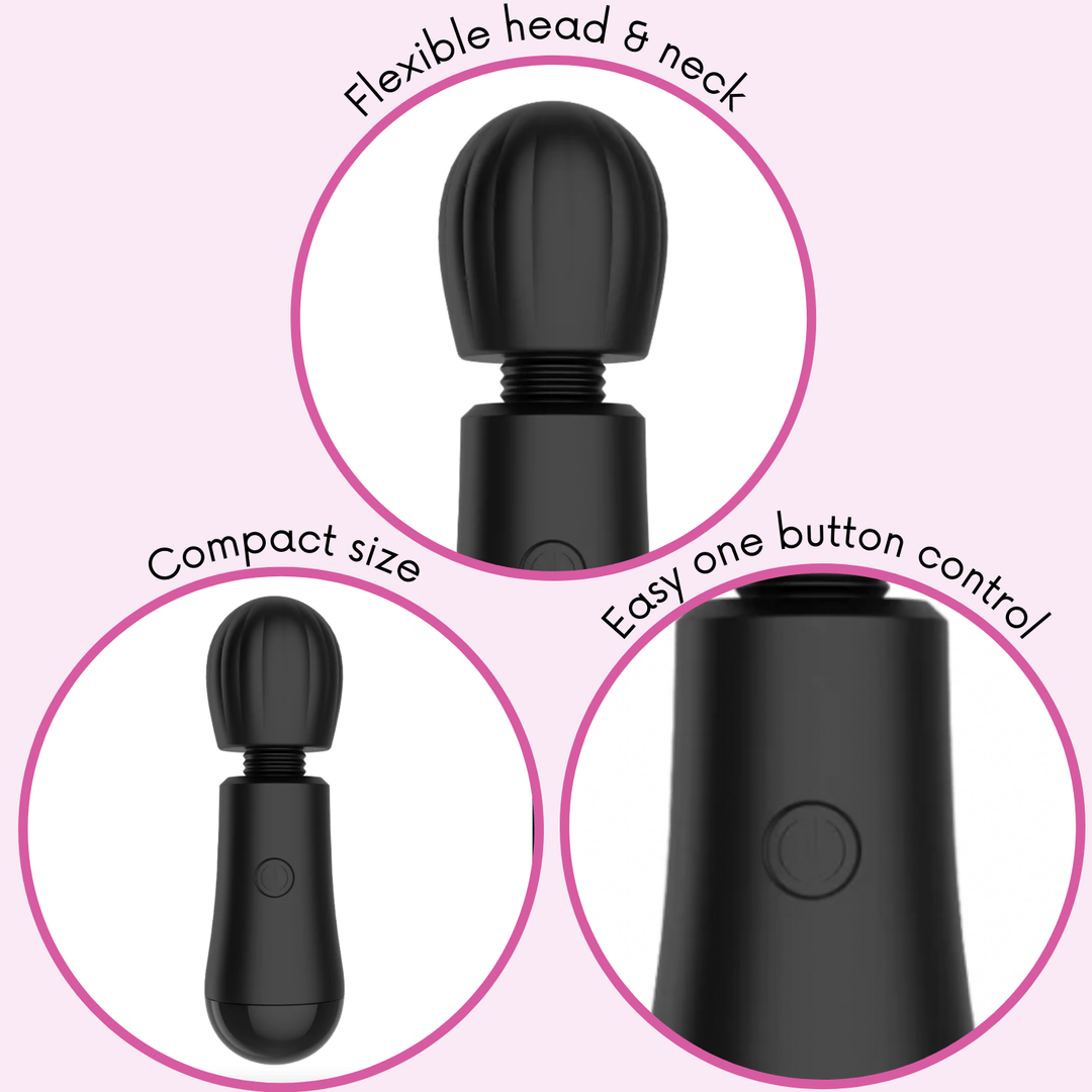 Mini black massage wand - flexible head & neck, compact size, easy one button control
