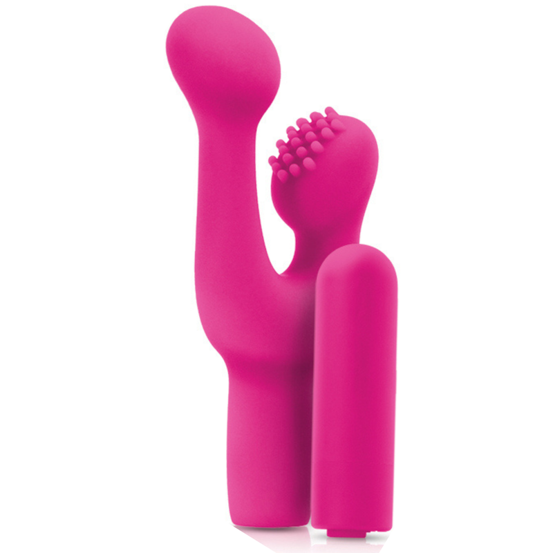 Image of the pink stimulator. Explore the possibilities that this toy has to offer during masturbation, foreplay, or sex! The powerful bullet can be used with or without the attachment and will give you intense O&