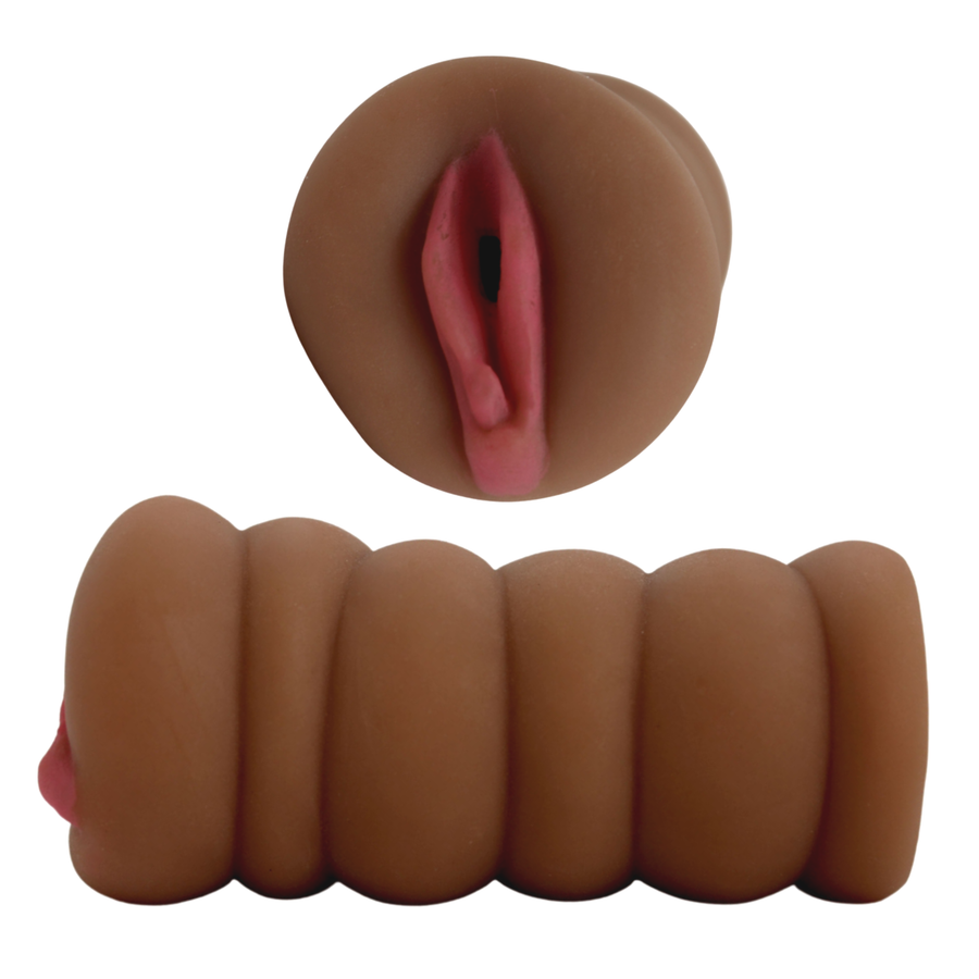 Image of the front and the side of the masturbator! This ribbed stroker is easy to grip and allows you to easily vary the intensities of every stroke! Try this realistic looking and feeling masturbator today to spice up your next solo session!