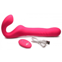 Image of the Strap U Mighty-Thrust Thrusting & Vibrating Strapless Strap-On with Remote Control, shown with the wireless remote and USB charging cable
